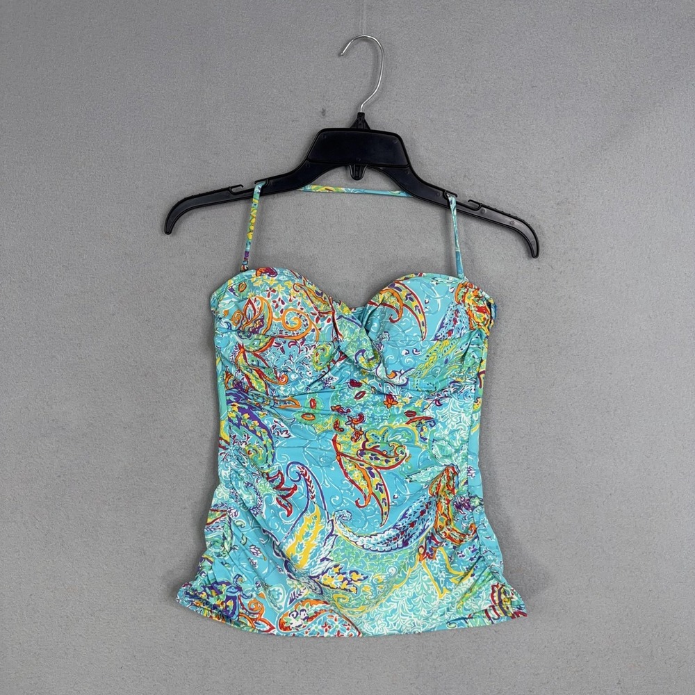 Lauren Ralph Lauren Tankini Swimsuit Top Womens 8 Blue Paisley Padded Ruched